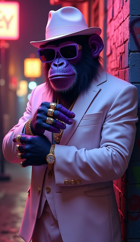 Purple Ape, wearing a white gangster suit with chains, a hat and glasses, tattooed, with huge diamond and gold rings, smoking with a pipe, pointing with his fingers to the right