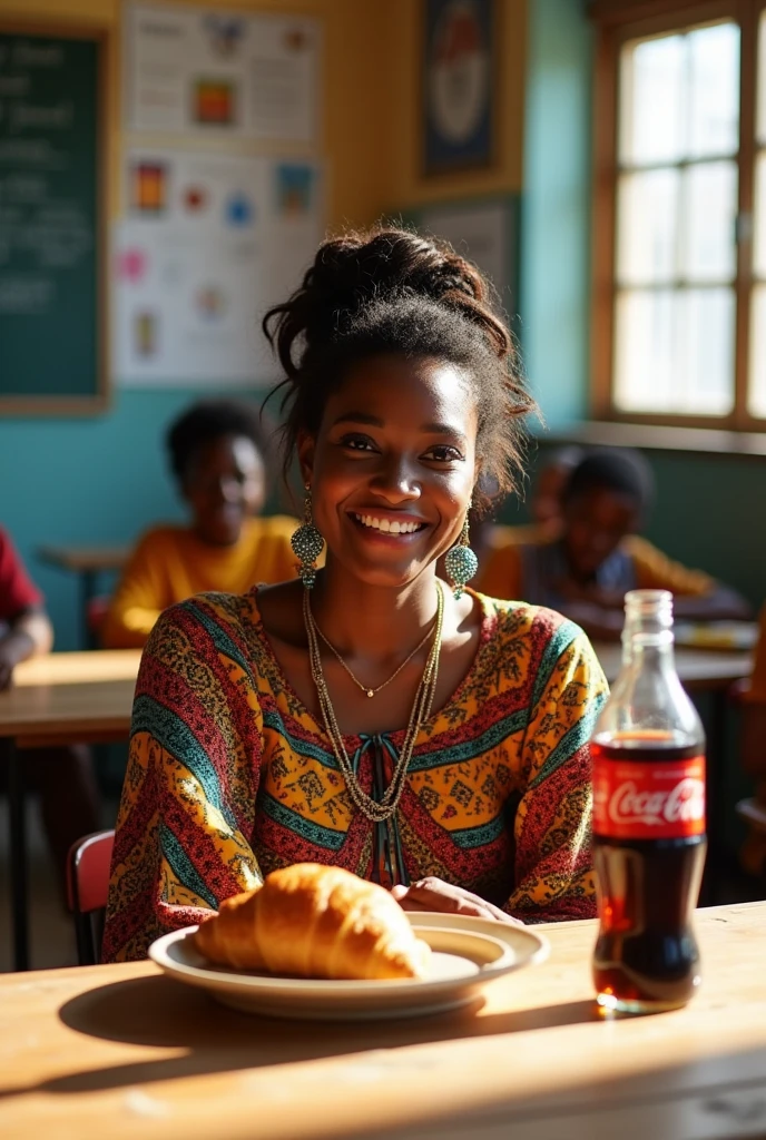 femme africaine a une table avec un croisant et coca cola dans une salle de classe