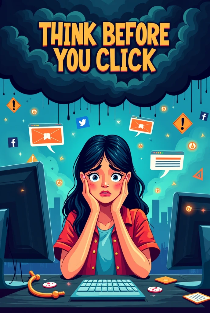 Poster about think before you click and illustrate its bad effects