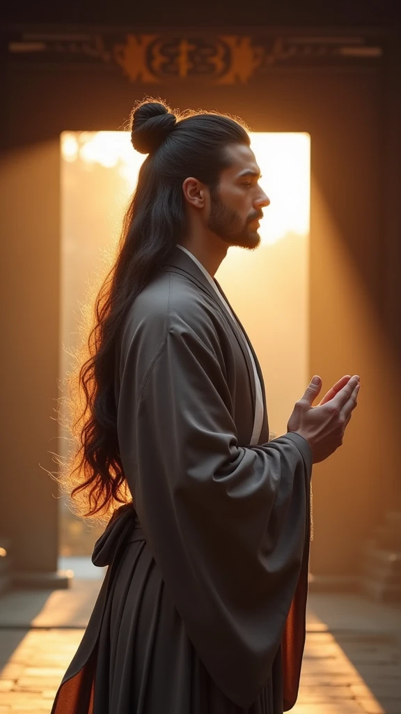 A handsome man with Western features、wearing traditional Japanese clothes、Standing in a quiet Japanese shrine。Men exude a noble and spiritual aura.、He has a calm and wise look、No beard。He faces the morning sun、While chanting a prayer、A soft light illuminates my face。His long hair is tied in a top knot、It exudes spirituality。The shrine in the background is illuminated by the soft light of early morning.、It creates a peaceful and mysterious atmosphere.。
