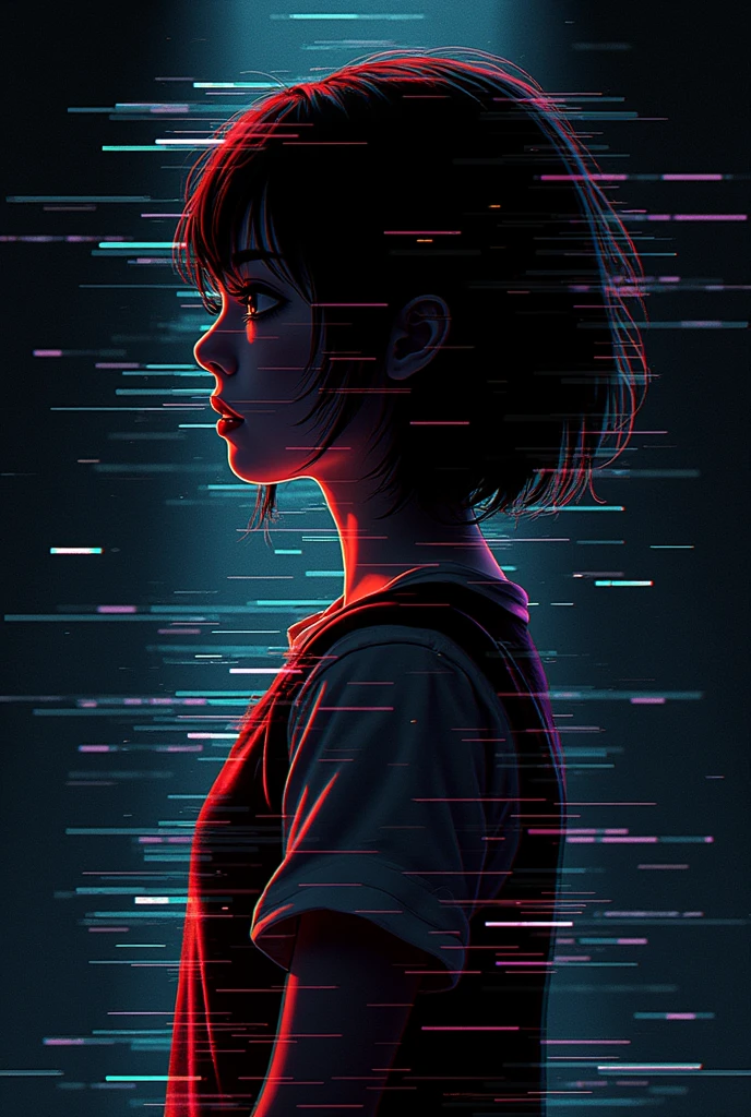 Glitch art movie poster, [sideways facing Japanese school girl] in the center, dark background, glitch colors in the style of strong glitch effect, striped many graphic defects, very detailed, stunning image