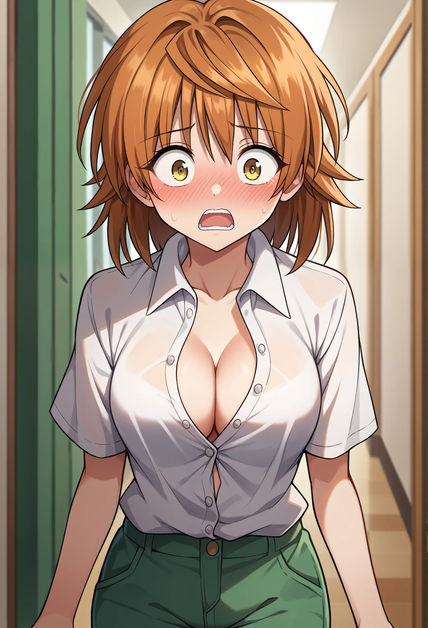 score_9, score_8_up, score_7_up, 1girl, solo, yuusaki riko, yellow eyes, brow hair, medium hair, spiked hair, white shirt, buttons, short slevees, shirt collar, partially unbuttoned, cleavage, green pants, standing, normal surprised, blushing, oversized clothes, looking down, hallway,