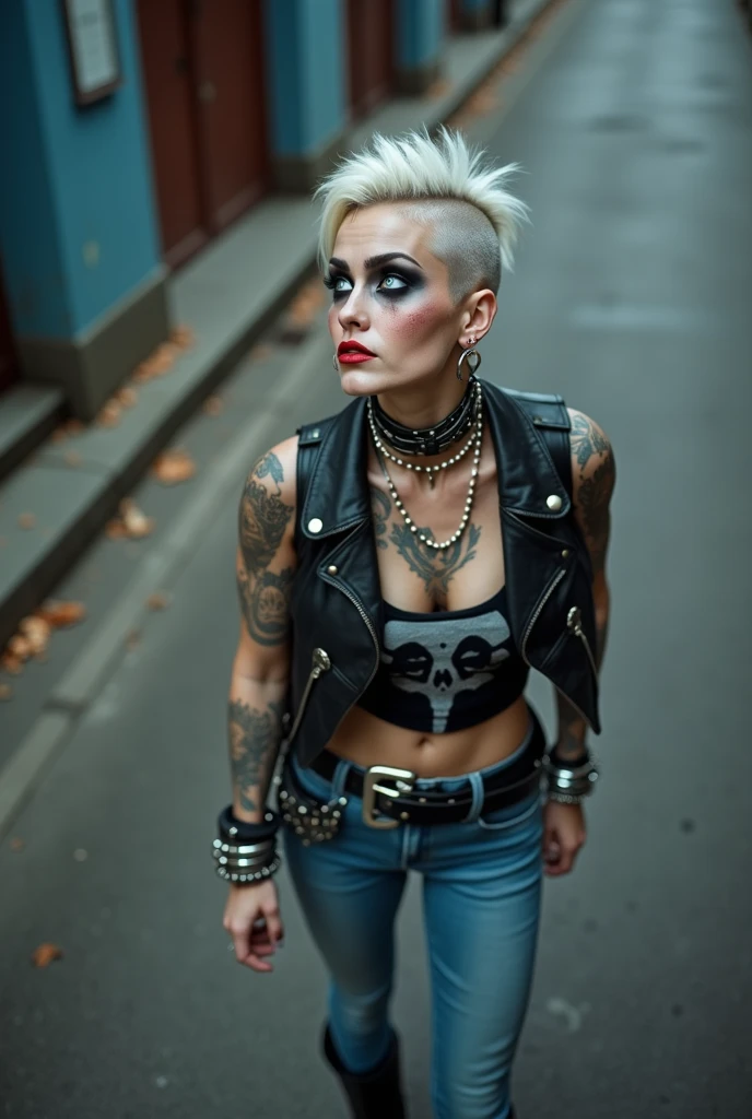 russian milf woman, biker gang member, platinum blonde hair (mohawk), with very light blue eyes, extremely pale, heavy eye shadows (panda eyes) Sad face, smeared make up, smeared red lipstick, runny mascara. Wearing black tank top with evil logo about witchcraft, skinny blue jeans and pointy Chelsea boots . Lots of metallic bracelets. Tattoed. Many tacky thin studded belts superimposed, excessive silver buckle. Wide loop earrings. Looks up, overwhelmed: she tinks God is speaking to her. Open mouth, bowed legs