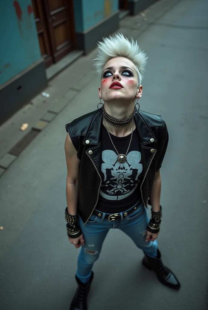 russian milf woman, biker gang member, platinum blonde hair (mohawk), with very light blue eyes, extremely pale, heavy eye shadows (panda eyes) Sad face, smeared make up, smeared red lipstick, runny mascara. Wearing black tank top with evil logo about witchcraft, skinny blue jeans and pointy Chelsea boots . Lots of metallic bracelets. Tattoed. Many tacky thin studded belts superimposed, excessive silver buckle. Wide loop earrings. Looks up, overwhelmed: she tinks God is speaking to her. Open mouth, bowed legs