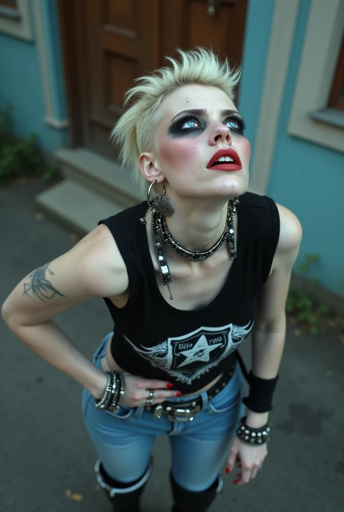 russian milf woman, biker gang member, platinum blonde hair (mohawk), with very light blue eyes, extremely pale, heavy eye shadows (panda eyes) Sad face, smeared make up, smeared red lipstick, runny mascara. Wearing black tank top with evil logo about witchcraft, skinny blue jeans and pointy Chelsea boots . Lots of metallic bracelets. Tattoed. Many tacky thin studded belts superimposed, excessive silver buckle. Wide loop earrings. Looks up, overwhelmed: she tinks God is speaking to her. Open mouth, bowed legs