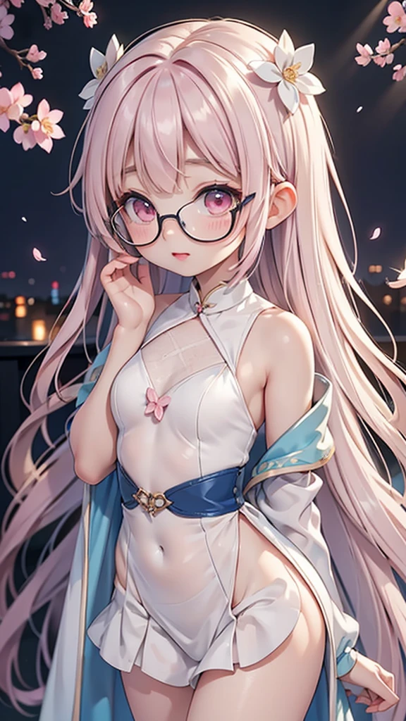 Transparent hair、hime-cut、Golden Eyes、eye glasses、ssmile、early  girls、flat chest、Thin pubic hair、Beautiful open legs、Panties