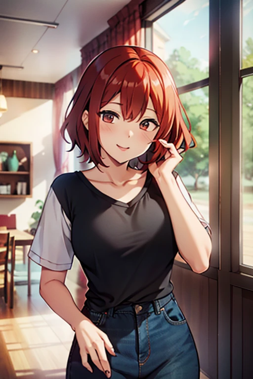 A red-haired girl with short hair and pinched eyes