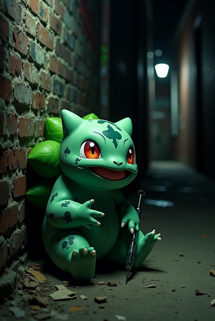 Bulbasaur with a needle in his arm in a daek alleyway