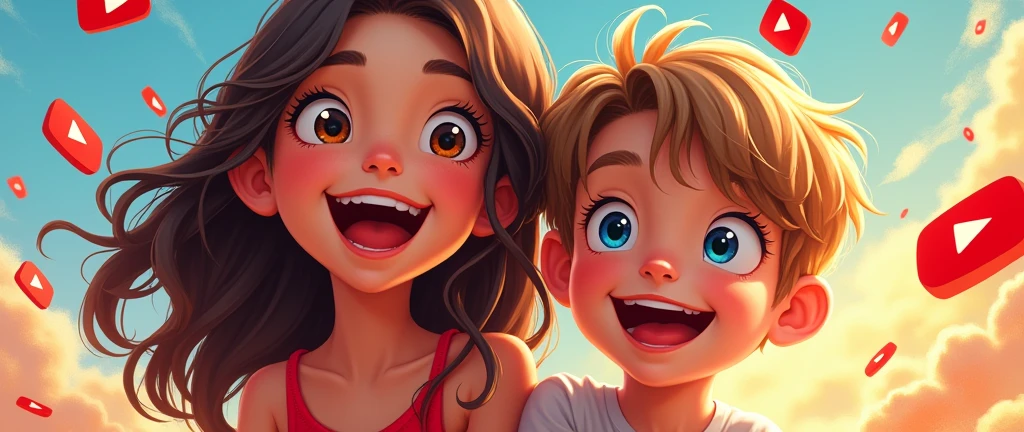 a girl 10 years old young with long, wavy brown hair and tanned skin. She has brown light eyes. She is smiling brightly and a 4 years old Young boy. He has light skin, short light brown hair with bangs. Blue eyes. He is smiling brightly, anime girl and anime boy, youtube logo,tyoutube logo in air,dynamic composition,playful,high quality,8k,detailed,sharp focus,vibrant colors,beautiful detailed eyes,beautiful detailed lips,extremely detailed face,longeyelashes,digital painting,concept art,perfect for gamers, WITH "INSCREVA-SE!" TEXT 