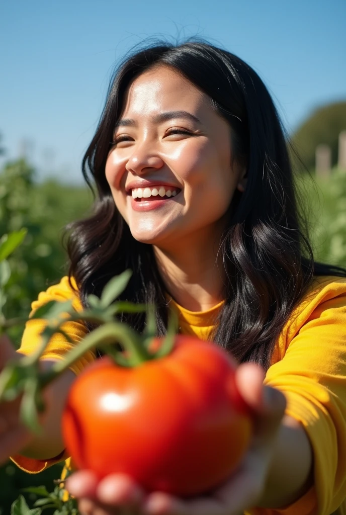 Most detailed, Highest quality, In 8K, Perfect appearance, plus size Woman growing tomatoes in the garden, , Beautiful Face, Shining Eyes, Shiny black hair, Laughter, blue sky, Ripe tomatoes, yellow background.