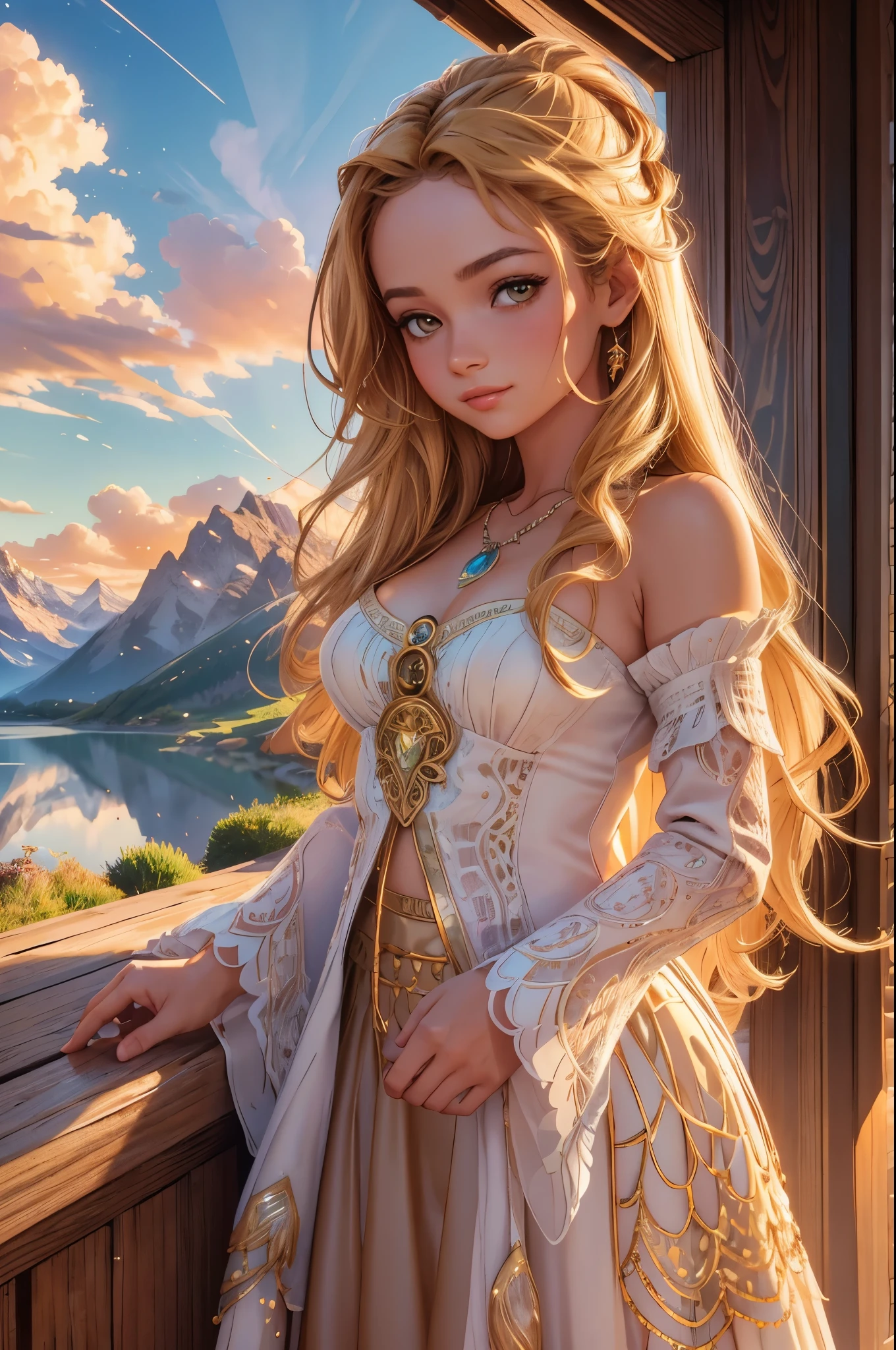 1 girl, happy expression, charming eyes, straight long hair, flowing skirt, big, looking at the sun, calm posture, porcelain-like skin, subtle blush, crystal pendant, Golden Hour, (edge lighting): 1.2, cool colors, sun flare, soft shadows, bright colors, painting effects, fantastic atmosphere, Scenic lakes, distant mountains, pine trees, mountain tops, reflections, sunlit clouds, tranquil atmosphere, idyllic sunrise, Ultra detailed, official art, unified 8k wallpapers, zentangle, mandala, prinzzess 