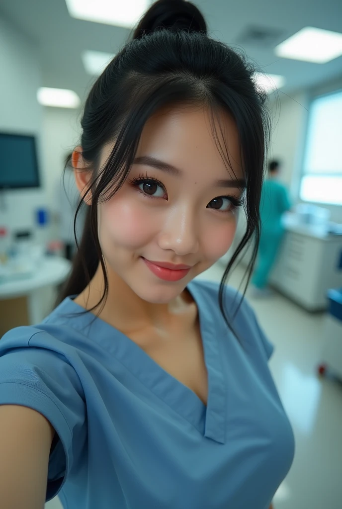 Beautiful Asian women, Black hair, brown eyes, (photorealistic: 1.4), smirk,big breasts, big tits, huge tits, busty, , big breasts, humongous breasts, wearing a scrub outfit, in the clinic, hair up, selfie