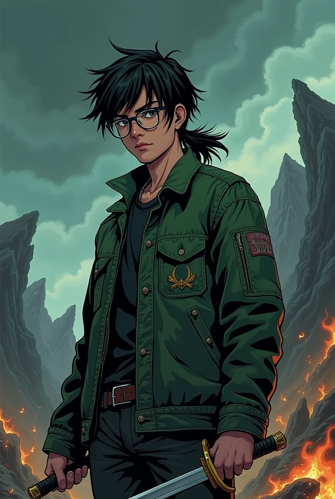 berserk graphics, guy with dark green jacket, mullet hair, glasses, age around 20