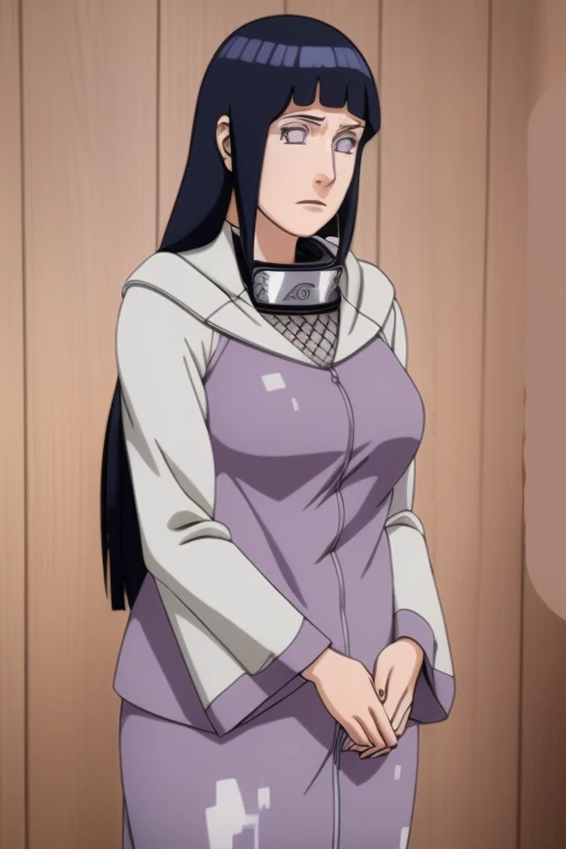 a beautiful mature woman, 34 years old, Hinata Hyuuga Uzumaki, character from Boruto: Next Generations, detailed realistic portrait, large breasts, long dark hair, wearing housewife clothes, pale skin, serene expression, intricate detailed face, delicate features, beautiful eyes, cinematic lighting, photorealistic, digital art