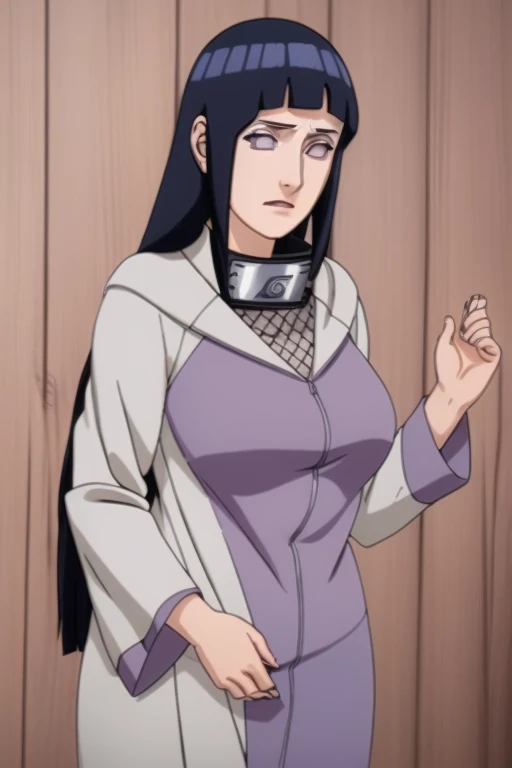a beautiful mature woman, 34 years old, Hinata Hyuuga Uzumaki, character from Boruto: Next Generations, detailed realistic portrait, large breasts, long dark hair, wearing housewife clothes, pale skin, serene expression, intricate detailed face, delicate features, beautiful eyes, cinematic lighting, photorealistic, digital art