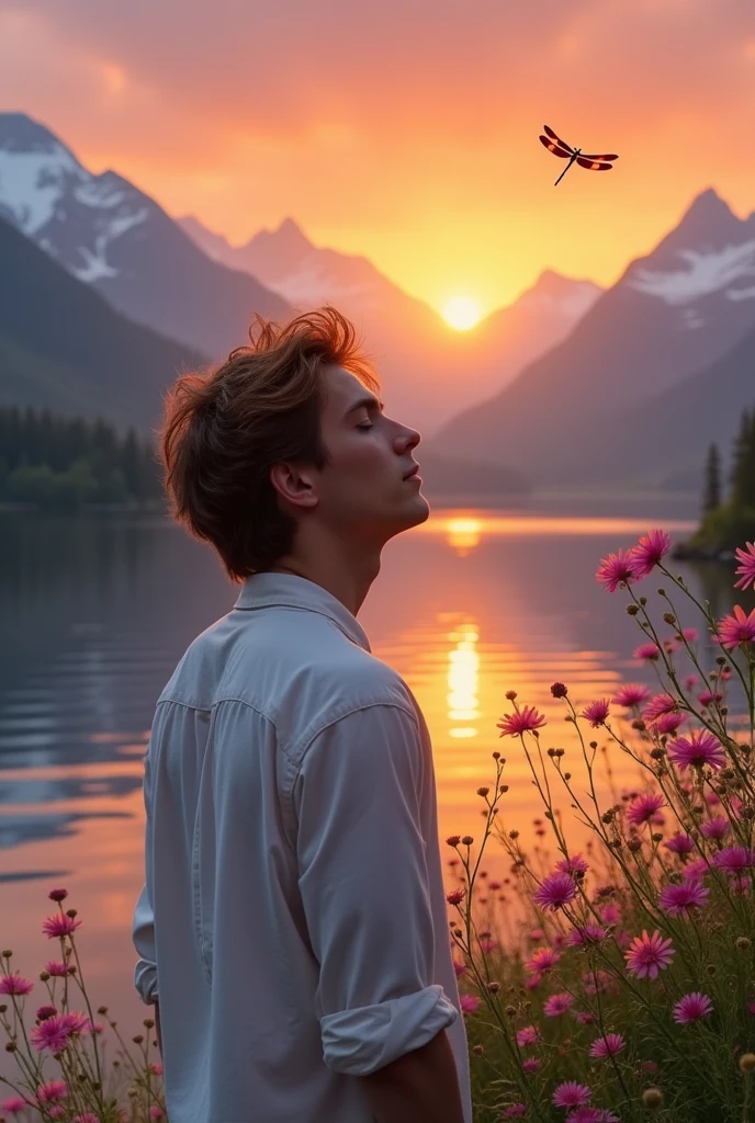 Show a man finding peace from love 
