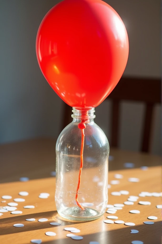 A balloon without a straw covering the mouth of a plastic bottle