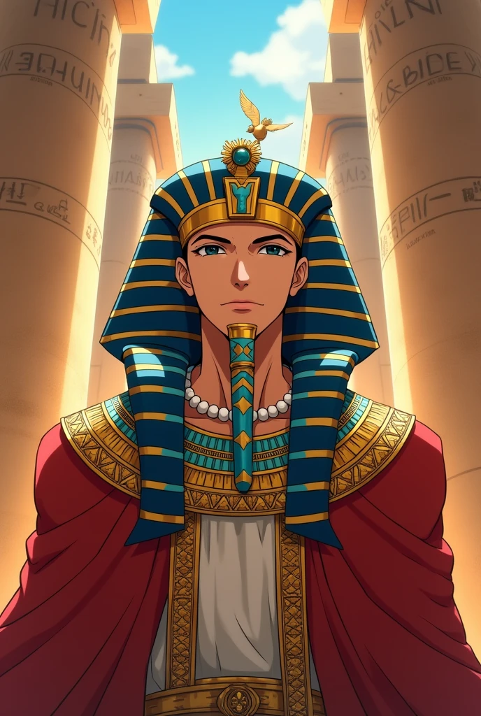 Create an image of Ramses II, the Egyptian pharaoh, with anime features in the style of Shintani. Ramses should be portrayed with a majestic and imposing appearance. Your face should be well defined with expressive and noble features, typical of the Shintani style, that focuses on detailed and expressive features. He is expected to wear a traditional Egyptian crown with gold and blue accents., and a necklace of pearls and precious stones. Your robe should be richly decorated with intricate Egyptian patterns in gold and red hues.. The expression on Ramses' face must reflect his authority and determination.. The background should be a scene of an Egyptian palace with columns and hieroglyphics, and the lighting must highlight the splendor and grandeur of the pharaoh. Ensure the image captures the grandeur and power of Ramses in a way that is true to the anime style and the rich Egyptian history.