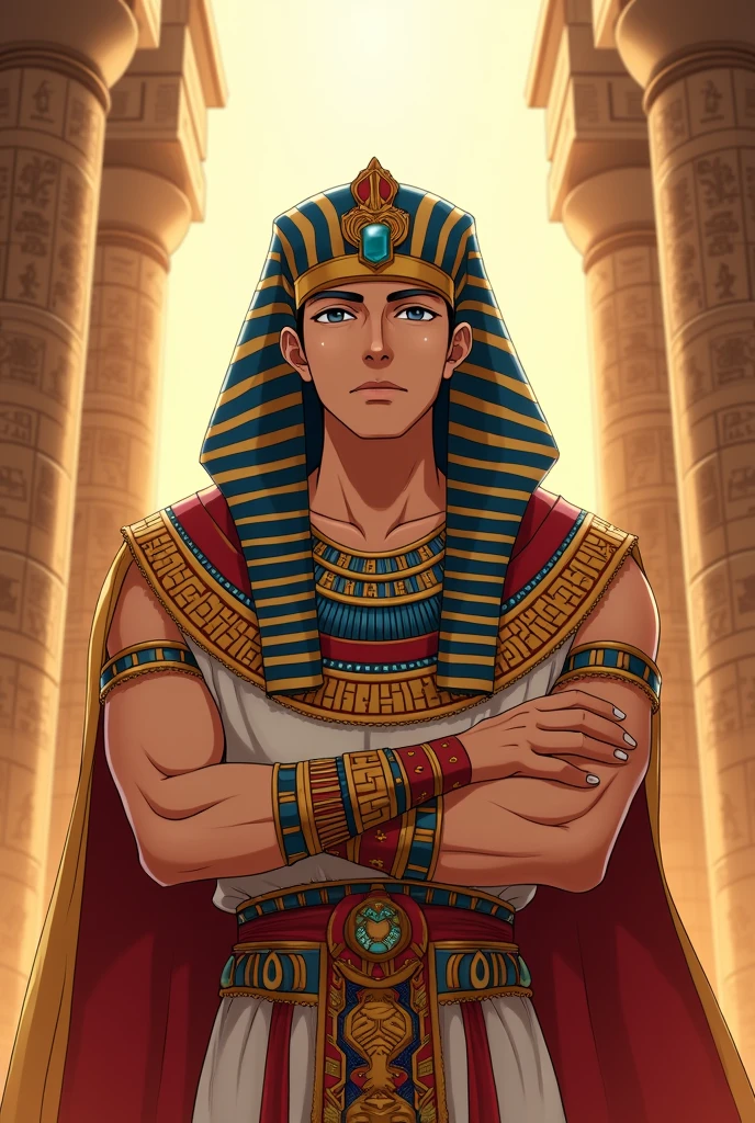Create an image of Ramses II, the Egyptian pharaoh, with anime features in the style of Shintani. Ramses should be portrayed with a majestic and imposing appearance. Your face should be well defined with expressive and noble features, typical of the Shintani style, that focuses on detailed and expressive features. He is expected to wear a traditional Egyptian crown with gold and blue accents., and a necklace of pearls and precious stones. Your robe should be richly decorated with intricate Egyptian patterns in gold and red hues.. The expression on Ramses' face must reflect his authority and determination.. The background should be a scene of an Egyptian palace with columns and hieroglyphics, and the lighting must highlight the splendor and grandeur of the pharaoh. Ensure the image captures the grandeur and power of Ramses in a way that is true to the anime style and the rich Egyptian history.