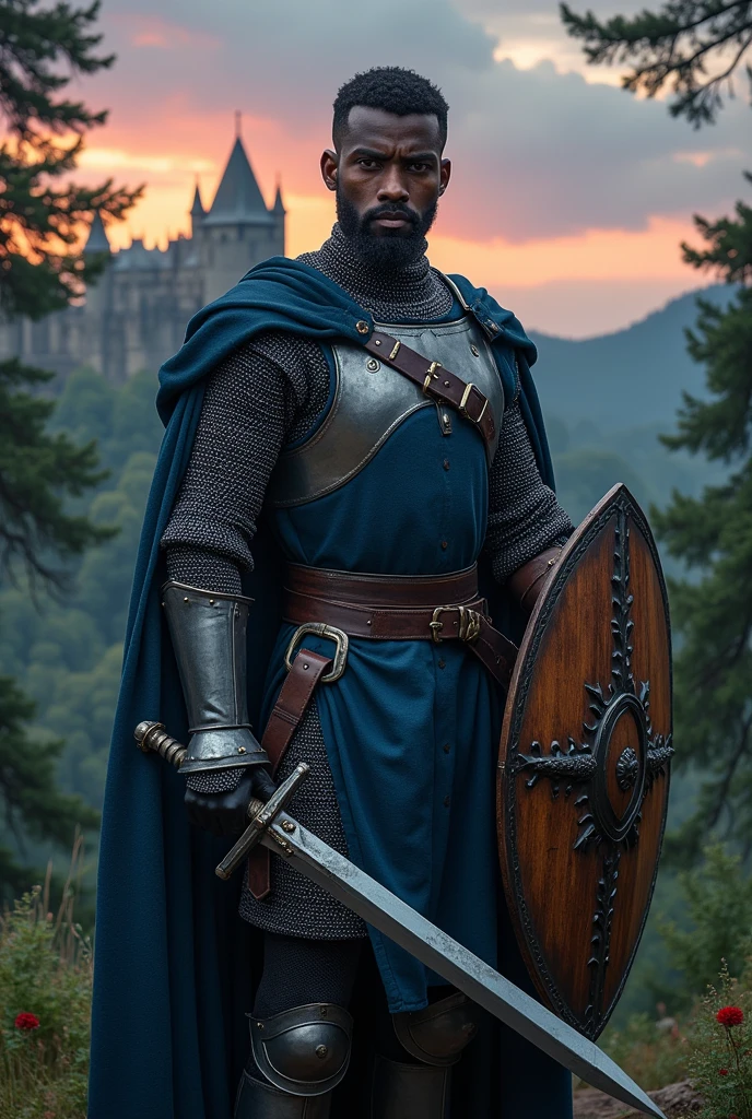(photorealism:1.2), Dans un monde médiéval fantastique, un homme chevalier. 27 ans, 1m80, Cheveux et barbe courts noire. Il a un haut a manche courte bleu nuit.
La peau de sa main droite est noire. Il n'a pas de gantelets. Il a une épée en fer et un bouclier en bois. Il porte une cotte de maille.