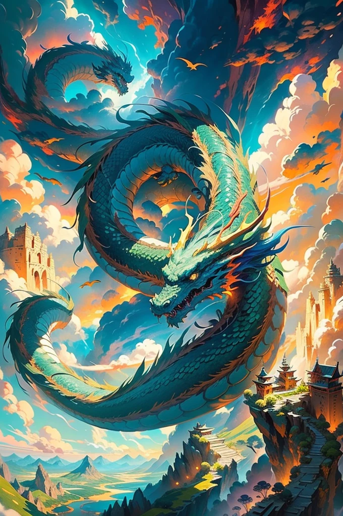 2 giant dragon, oriental dragon, long dragon, flying through the air, above a small mountain, seen from a cliff, clouds around, fantasy art, portrait, detailed scales, intricate details, powerful wings, fierce expression, vibrant colors, dramatic lighting, cinematic composition