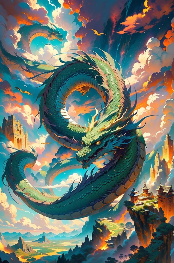 2 giant dragon, oriental dragon, long dragon, flying through the air, above a small mountain, seen from a cliff, clouds around, fantasy art, portrait, detailed scales, intricate details, powerful wings, fierce expression, vibrant colors, dramatic lighting, cinematic composition