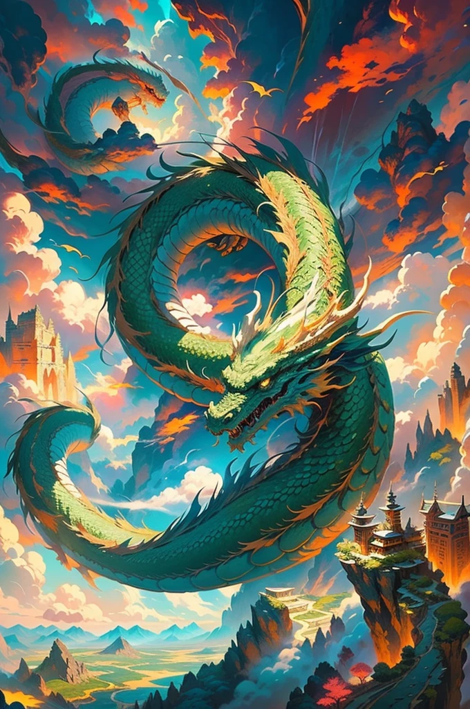 2 giant dragon, oriental dragon, long dragon, flying through the air, above a small mountain, seen from a cliff, clouds around, fantasy art, portrait, detailed scales, intricate details, powerful wings, fierce expression, vibrant colors, dramatic lighting, cinematic composition