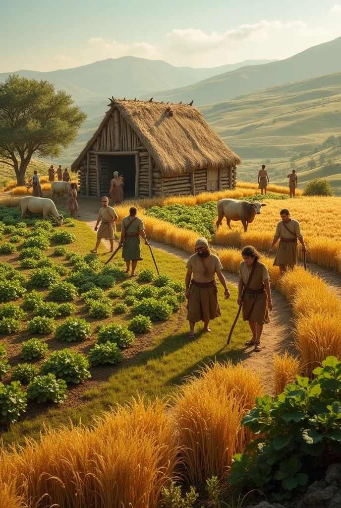 a scene of a Neolithic community showing agricultural and livestock practices. Includes: People cultivating plants; Domesticated animals, like sheep or cows; Tools used, like plows; a house or shelter where they lived; a field with different types of crops.