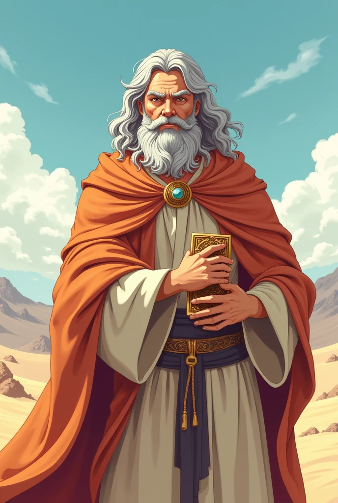 Create an illustration of Moses in 2D anime style, Inspired by Shintani. He should have a firm and wise expression, with gray hair and beard. Dress him in traditional ancient clothing, including a voluminous cloak with textured details. The eyes must be large and expressive, with arched eyebrows, while maintaining the essence of the anime style. The scene can show Moses holding the tablets of the law or in front of the Red Sea. Use solid and shaded colors to give depth to the clothes. The background can be a desert or mountainous landscape, with soft colors and simple lines to keep the focus on Moses. Adopt a clean and detailed style, with smooth lines and vibrant colors.