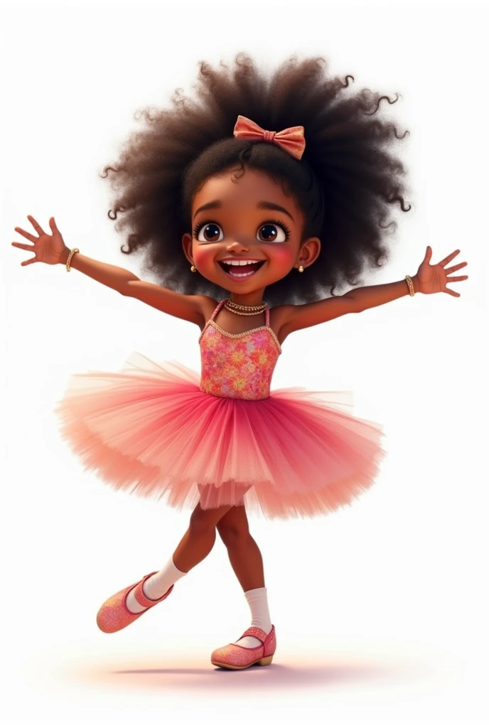 a 4 year old,with dark skin and dark brown curly hair, wearing a light pink ballerina outfit with a pearl slipper design with a ballerina bun and some loose curls, with light pink shoes, body image in, character posing,  (Pixar-style) (master part:1.2) (bokeh) (best qualityer) (skin detailed) (detailed texture) (8k) (Argilla) (cinematic lighting) (sharp focus