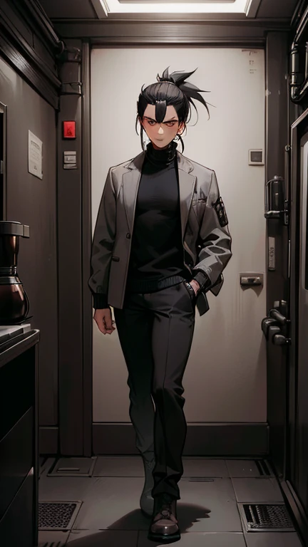 (detailed), (((normal guy))), (Arabic characteristics), ((gray wool jacket)), ((pelo negro rizado Ponytail hairstyle)), ((Ponytail hairstyle)), (calm face), ((by the width)), ((coffee boots)), (((whole body))), ((in a cyberpunk room)), ((male)), (gray turtleneck sweater), ((only one person)), (at night), terror, eyes glowing red