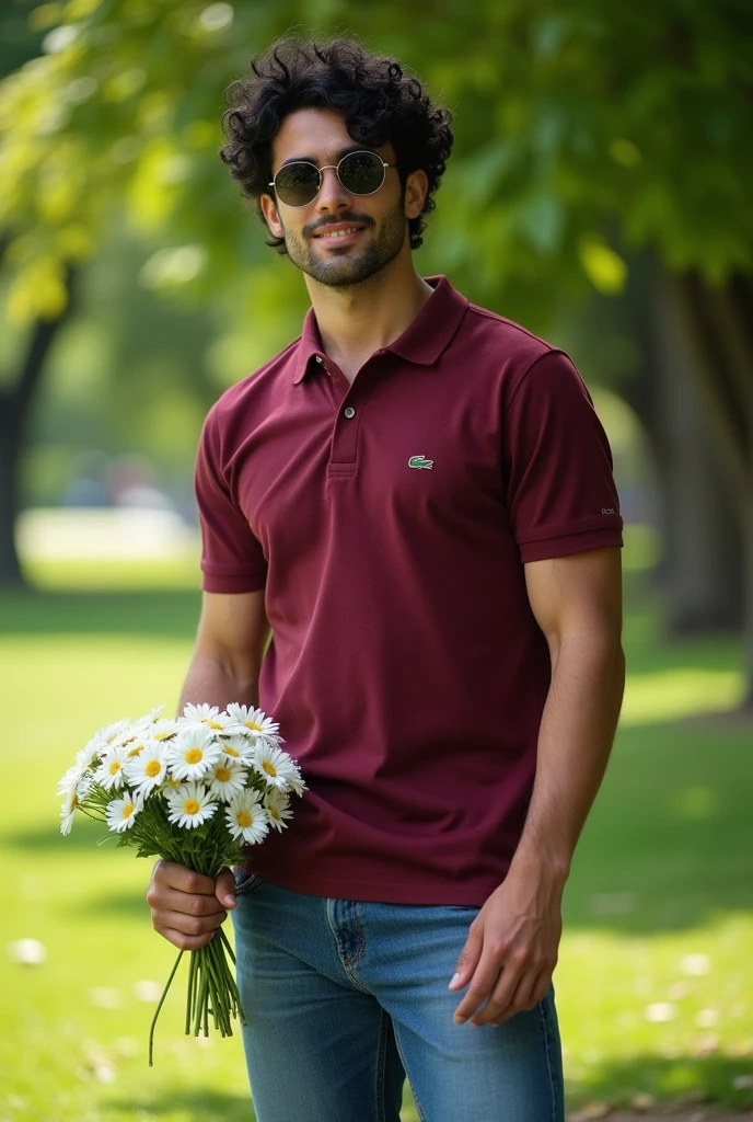 White man with black curly hair, brown eyes, wearing a burgundy Lacoste polo shirt, dark Rayban sunglasses, blue jeans shorts, white high-top All Stars, holding a bouquet of white daisies.