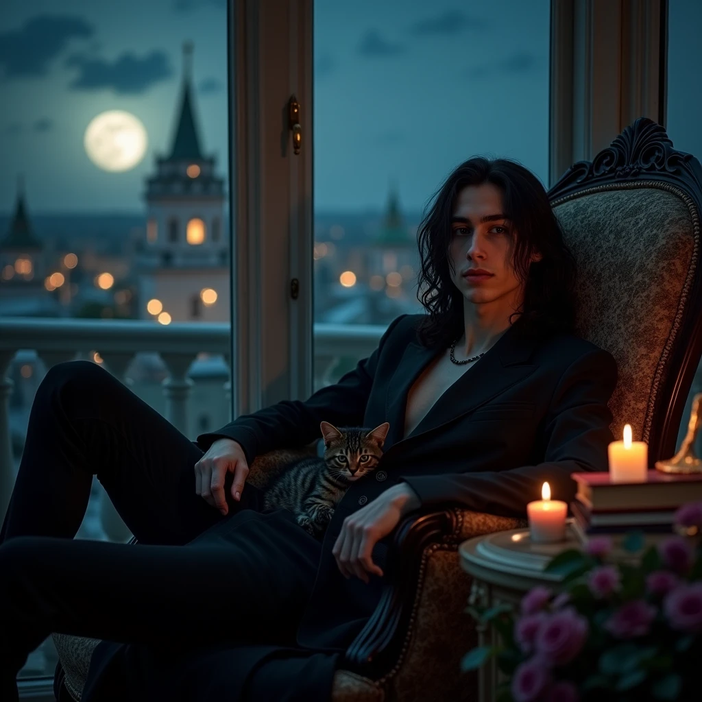 Male, sexy, long black hair, teal blue eyes, young, gothic, delicate features, no facial hair, no body hair, seductive, white and pale. sitting in a chair on a candle-lit veranda overlooking a Russian city at night. Roses. Sexy pose. Purple and black. Sexy. Sexy pose. Seductive. Sensual. Long eyelashes. Big bulge in his pants. No facial hair. Pretty face. Thick legs. Sexy pose. Fyodor Dostoevsky books on the table. Man. Male. Cute kitten on his lap. Smirking. No body or facial hair. Young male. Long mullet. Tiny waist.