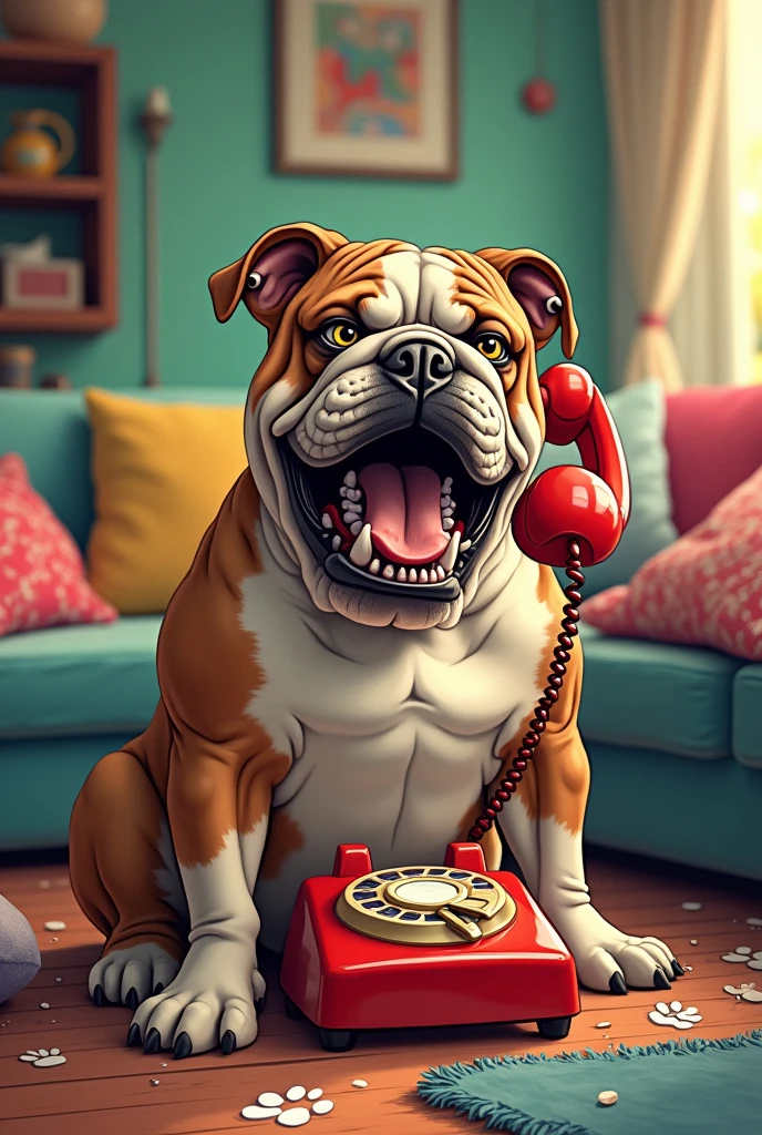 A very angry dog talking on phone
