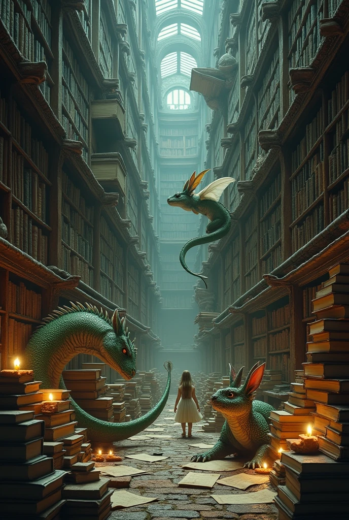 Old library, with dragons, with fairies, des petits lapins, fantastic animals