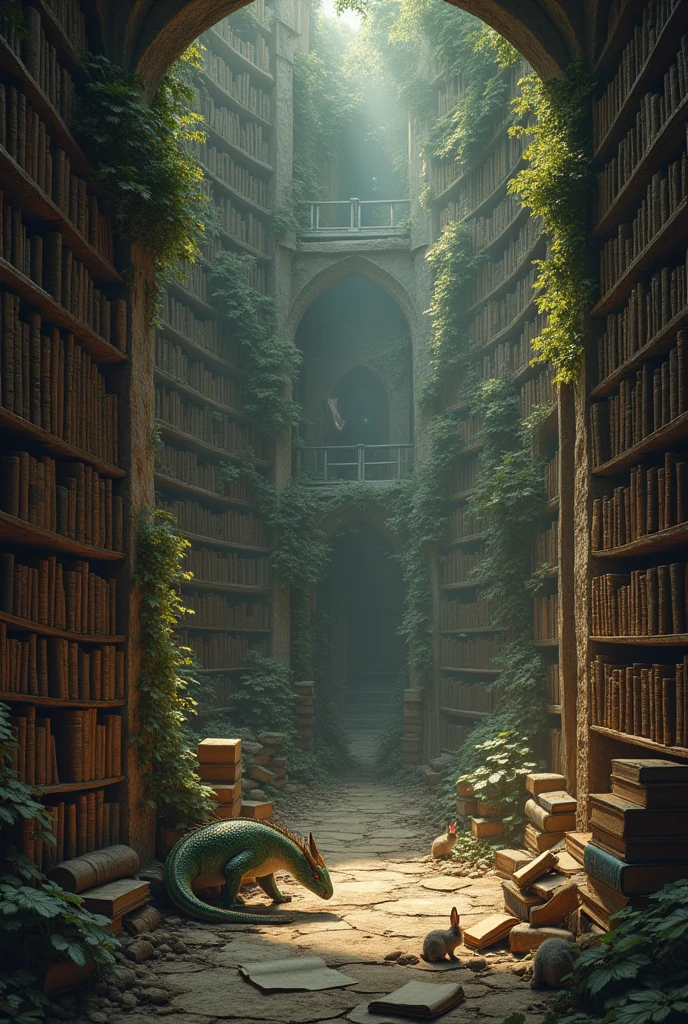 Old library, with dragons, with fairies, des petits lapins, fantastic animals