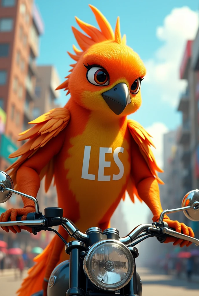 A real orange bird,  carrying a package, driving a motorcycle for deliveries, a logo on the chest that says LES, letters in white,  simulating plumage,