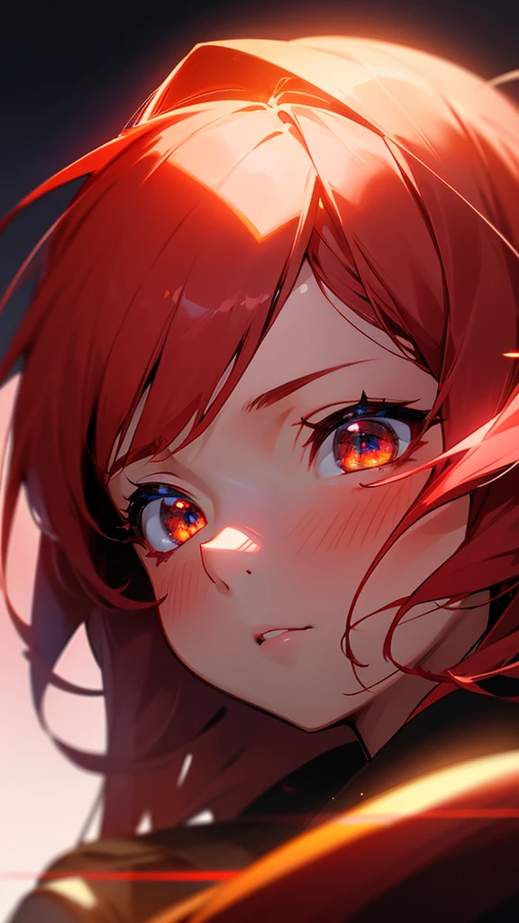 1 girl, star eye, blush, perfect lighting, Red hair, Eyes red, engine unreal, side lighting, face detailed, bangss, shining skin, simple background, darkness background
