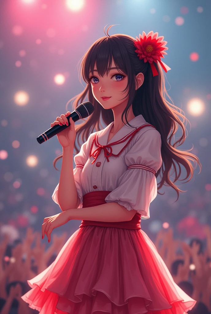Beautiful Japanese girl, idol estilo love live, singing for his fans at the stadium