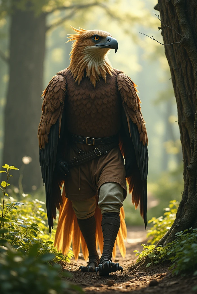 Humanoid eagle with human arms and legs, legs with eagle claws, and human arms with eagle feathers, wearing common medieval attire , bird head with a long beak and flat head.