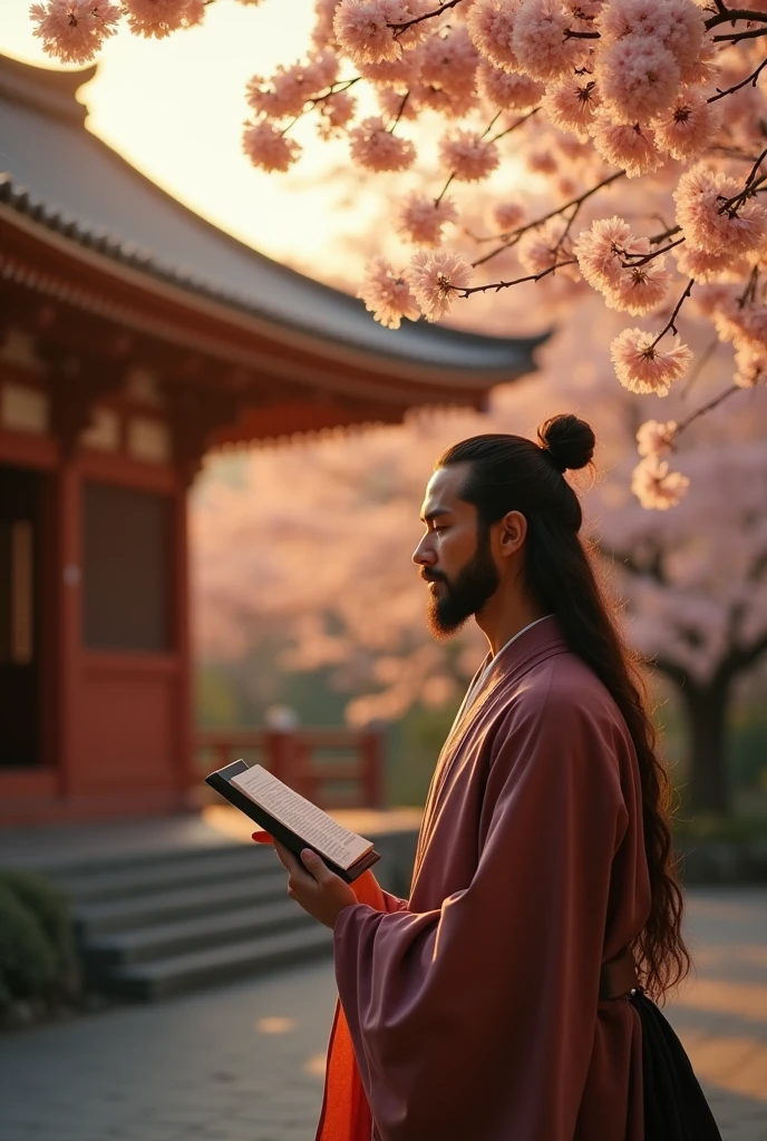 A handsome man with Western features stands in a tranquil Japanese shrine, wearing traditional Japanese clothing. The man exudes a noble and spiritual aura, has a serene and wise expression, and is beardless. He faces the rising sun, a soft light illuminating his face as he recites a prayer. His long hair is tied into a top knot, exuding spirituality. The shrine in the background is lit by the soft light of early morning, creating a peaceful and mystical atmosphere.