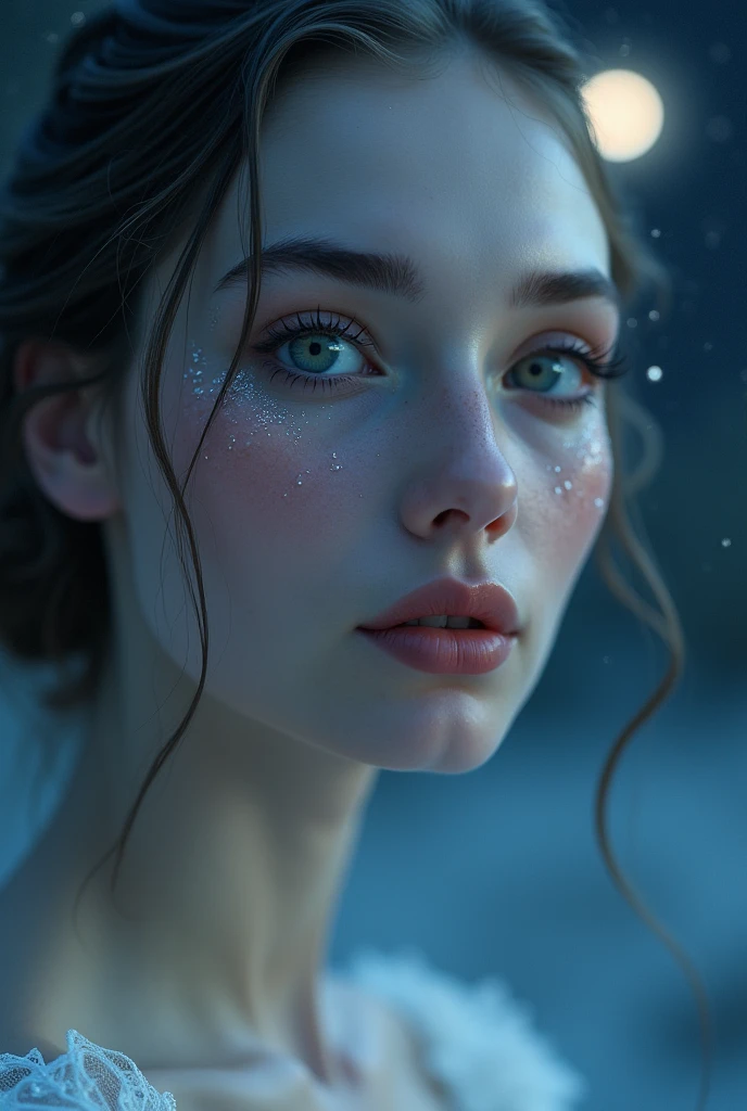 A close-up of the first princess, with her skin glowing faintly in the moonlight. As a gentle moonbeam touches her face, small blisters start appearing on her skin, emphasizing her extreme delicacy. The background features a peaceful night sky with a full moon."