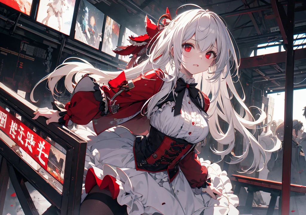 ((Sketch)), ((Watercolor)),((best quality)) ((best quality)), ((masterpiece)), (detailed), HD, Highly Detailed, 4k image, anime style, beautiful young teenage girl, 13 years old, tanned white skin, long waist length hair(red-white hair)(white highlights), soft facial features, heterochromatic eyes(left eye: silver)(right eye: red), elegant battle-styled sundress, cherry red plump lips, large E-cup breasts, short height(150cm). wide hips and large round ass, silver round-frame glasses