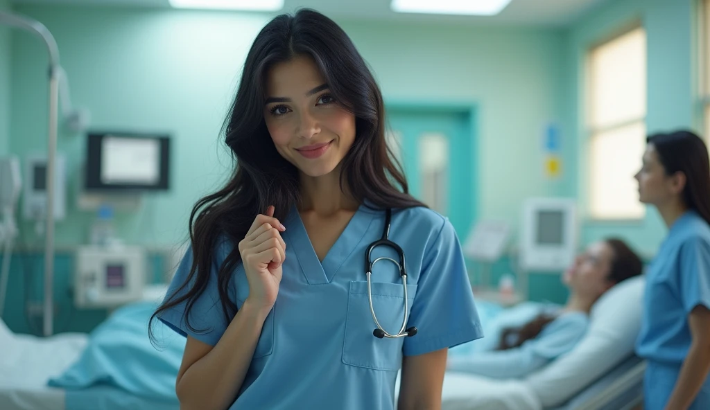 (full body shot shot:1) ultrarealistic photorealistic image, fot, long black hairs, Woman, 24 years old, hourglass figure, perfectbody, seducing gaze, natural medium breasts, she is a nurse, is wearing a uniform and is attending to a patient, naughty smile, She's playing with her hair INFO