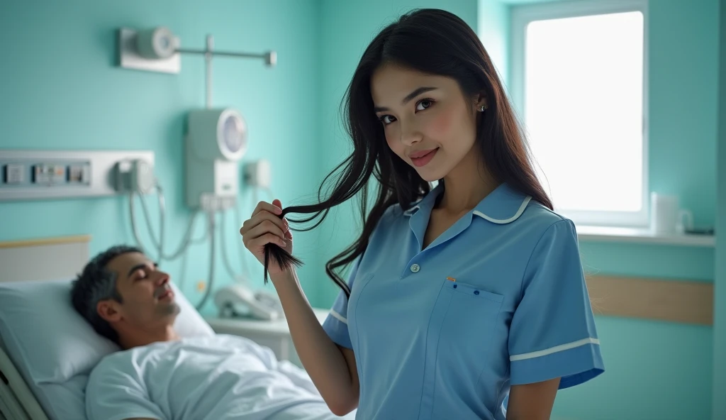 (full body shot shot:1) ultrarealistic photorealistic image, fot, long black hairs, Woman, 24 years old, hourglass figure, perfectbody, seducing gaze, natural medium breasts, she is a nurse, is wearing a uniform and is attending to a patient, naughty smile, She's playing with her hair INFO
