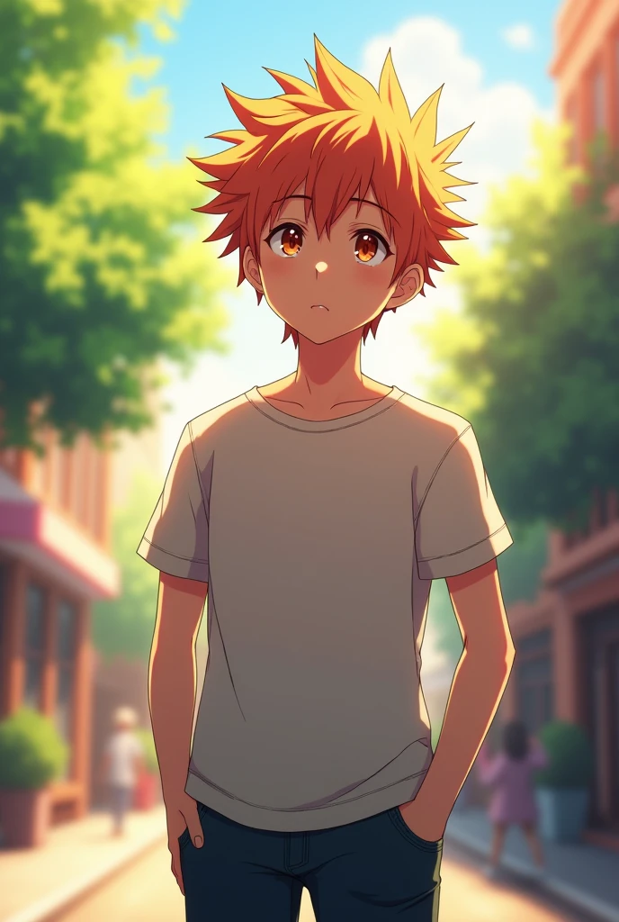
"Anime character with spiky hair, a bit like Sasori's hairstyle. He has a shy, kind demeanor and is wearing casual clothes like a t-shirt and jeans. His expression is thoughtful and somewhat nervous."