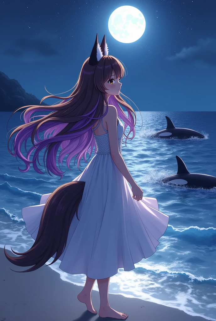 anime, high quality, 4K quality, girl, furry, long wavy brown hair (with long purple strands), bangs (left half white and right half black), fox ears (black), fox tail (black and purple) , heterochromatic eyes, right eye (brown), left eye (black), wearing a dress (white), on the beach (at night), walking along the ocean shore, with orca whales swimming in the ocean