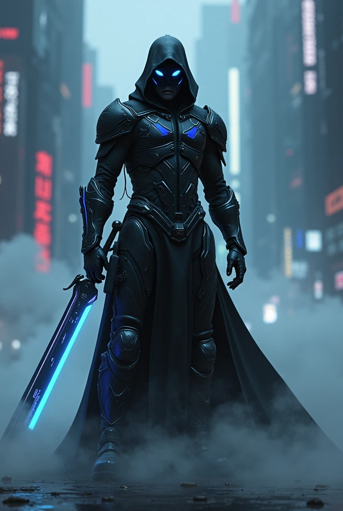 Futuristic dark warrior with a weapon in hand