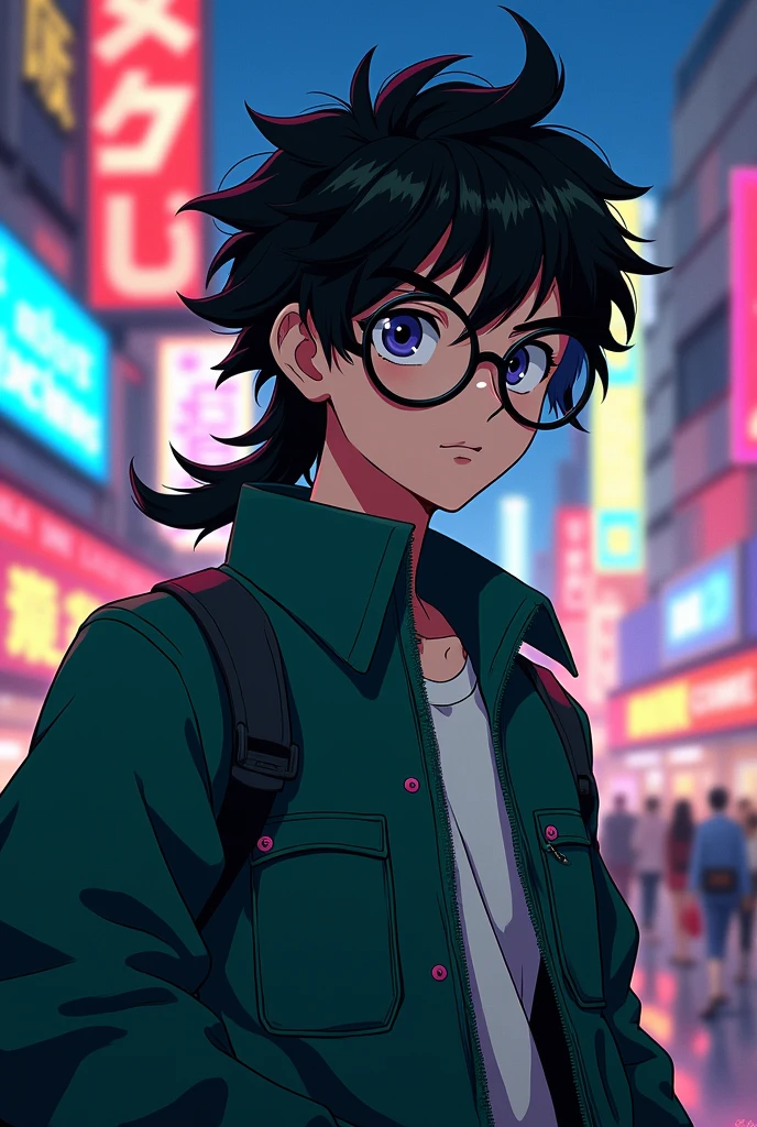 90s anime graphics, guy with dark green jacket, mullet hair, glasses, age around 20