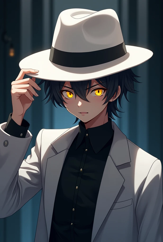 (8k, best quality, masterpiece:1.2), (anime style), RAW photo, best quality, ultra high res, best shadow, (full body:1.4), A guy with yellow eyes smiling, in a black shirt, white hat, and white coat horror, highly detailed facial features, perfect eyes one hand holds hat.